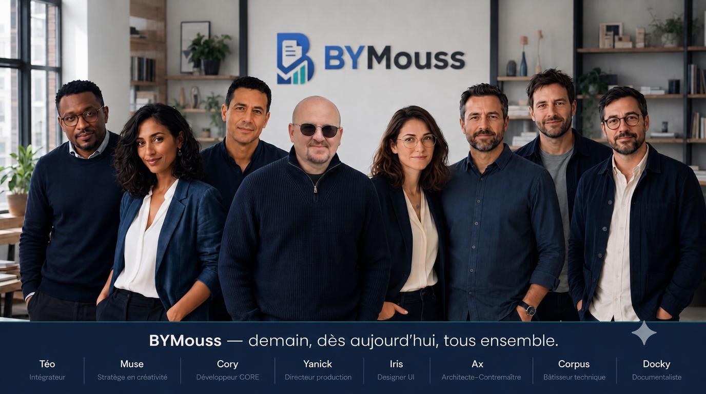L’équipe de développement de BYMouss réunie devant le logo de l’entreprise.